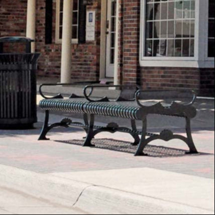 Model #PRFBF72. Flat outdoor bench for city streets and parks.