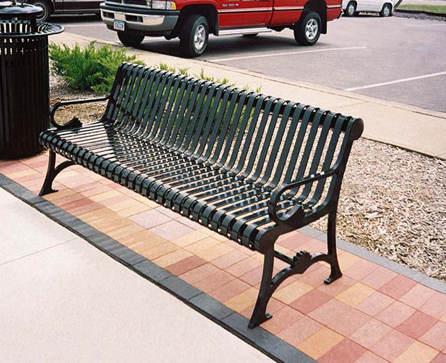 Model #PRLB. Metal outside bench in black for parks and city streets.