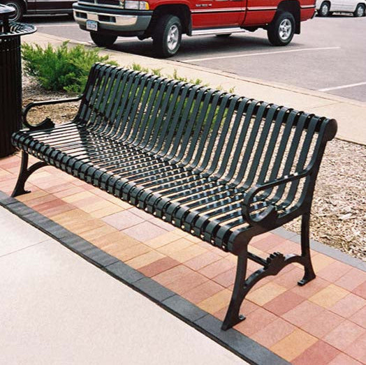 Model #PRLB. Metal outside bench in black for parks and city streets.
