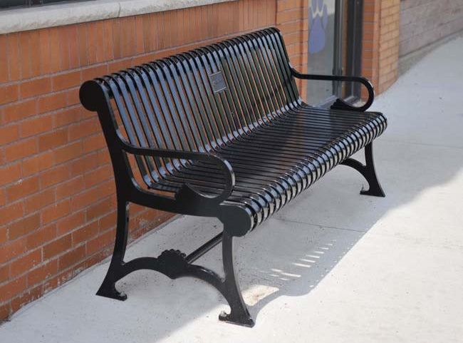 Model #PRLB. Metal outside bench in black for parks and city streets.