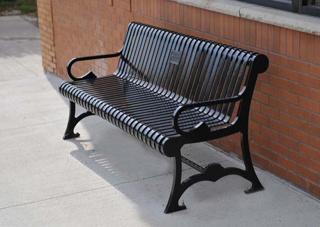 Model #PRLB. Metal outside bench in black for parks and city streets.