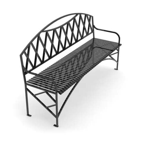 Model #PRNVBB72. Outdoor metal bench in black for parks and city streets.