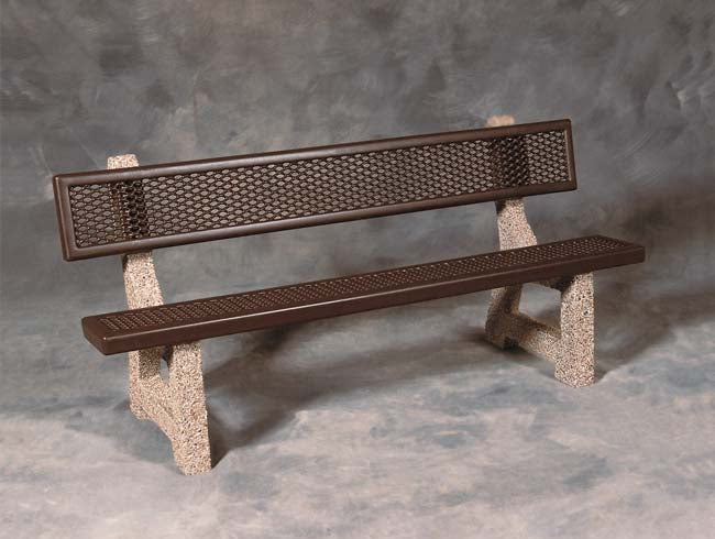 Model #PRPBM6. Outdoor bench powder coated brown mesh and dove gray perma stone for parks, city streets and businesses.