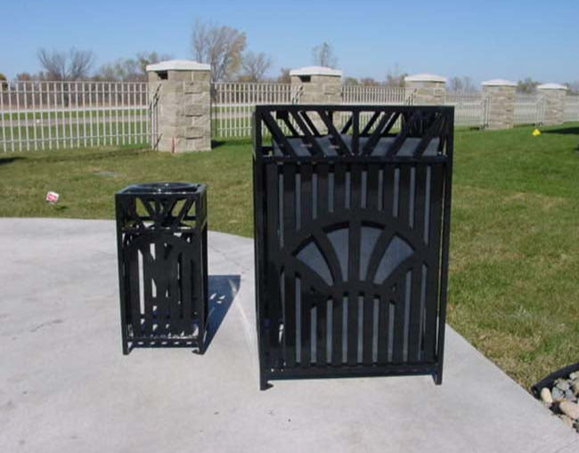 Model #PRSUNWR. Square outdoor trash receptacle in black.