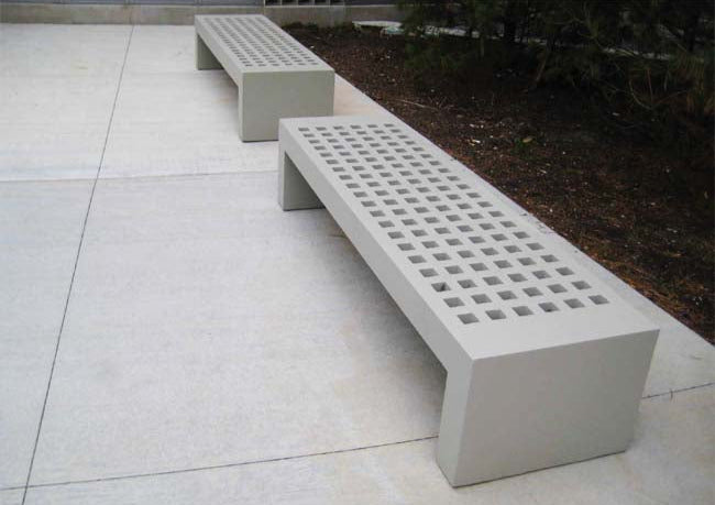 Model #PRTOCCATA. Outdoor toccata concrete bench for city streets, businesses and parks.