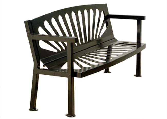 Model #PILRB102. Amherst series all steel 6 ft. contour bench for parks, schools and businesses. Powder coated black.