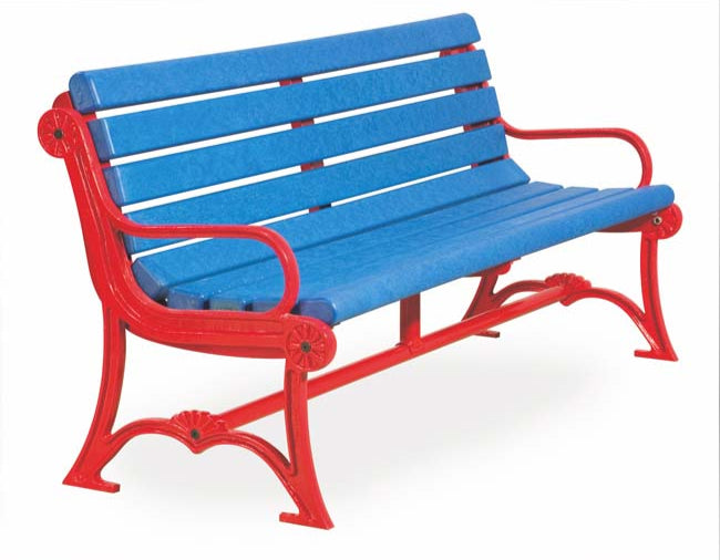 Model #PILBR94. Oak Knoll 4 ft. blue recycled plastic contour bench with red powder coated aluminum base. For parks, businesses and schools.
