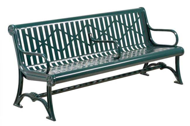 Model #PILRB94. Oak knoll series 8 ft. cut steel plate contour bench for parks, schools and businesses. Powder coated hunter green.