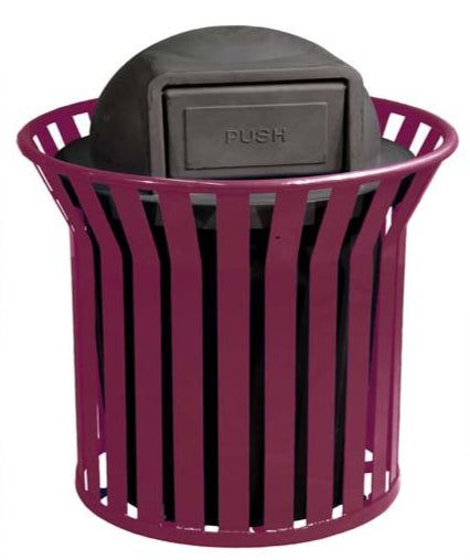 Model #PILRCNRSS2. Vertical steel strap round 36 gallon trash receptacle with plastic dome lid. Powder coated burgundy.