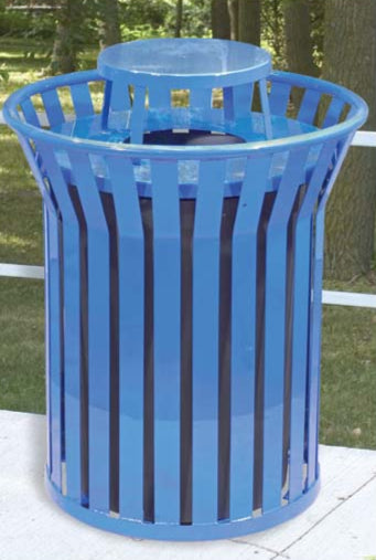 Model #PILRCNRSS2. Vertical steel strap round 36 gallon trash receptacle powder coated blue for parks, schools and businesses.