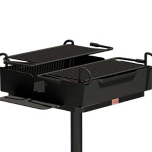 Model #PILRD248. 1040 sq. inches of cooking area on twin grates over one firebox. Grill attached to base post with a swivel mechanism.