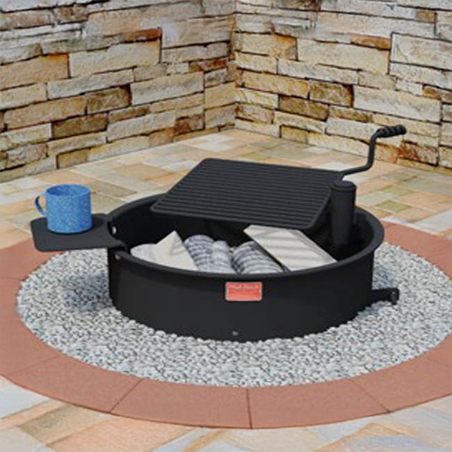 Model #PILRFSW. Campfire ring with single level swivel cooking grate. 300 sq. inches of single level swivel grate that will move 180 degrees from over fire to completely out of fire ring.