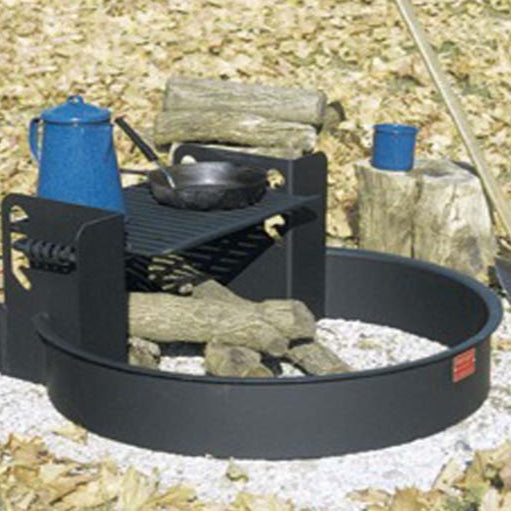 Model #PILRL32. Multi-level campfire ring with grate. Cooking grate is 300 sq. inches and hinged to tip over fire or out of ring.