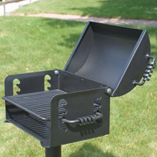 Model #PILRN20. Charcoal grill with 300 sq. inches of cooking area on a four level adjustable cooking grate. Grill attached to base post with a swivel mechanism.