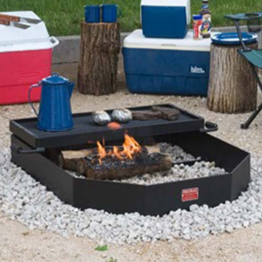 Model #PILRO34. Large group campfire ring for large campfires or smaller cooking fires under grate. Cooking grate is 510 sq. inches and hinged to tip over fire or out of ring.
