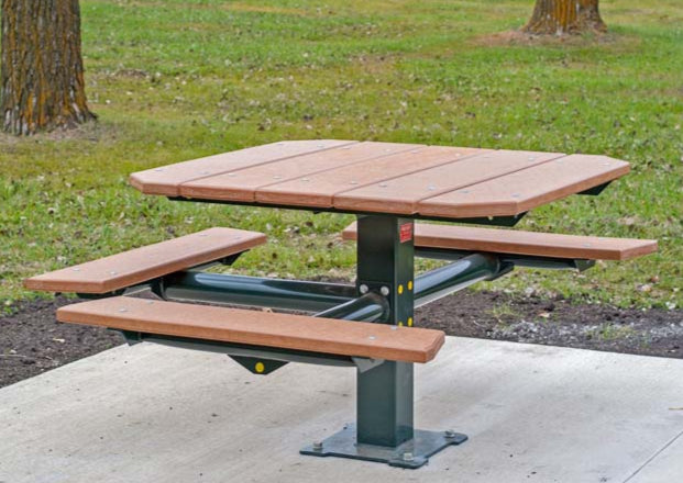 Model #PILRQT3-4. Wheelchair accessible square pedestal picnic table with central steel post. 48" square top. 32" table height. 20" seat height. For parks, schools, businesses and restaurants.