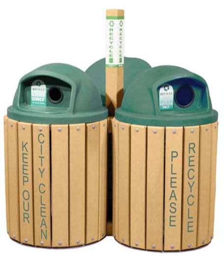 Model #PILRRA3G. 3 module recycling array. Made with recycled plastic. Anchors included. 4" x 4" square center post.