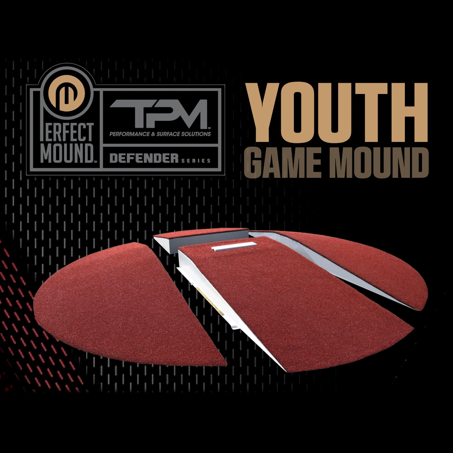 A red, segmented youth portable pitching mound with a white rubber, shown in pieces against a black background, with the text: The Perfect Mound Youth Portable Pitching Mound | Little League & Youth Baseball Mound.
