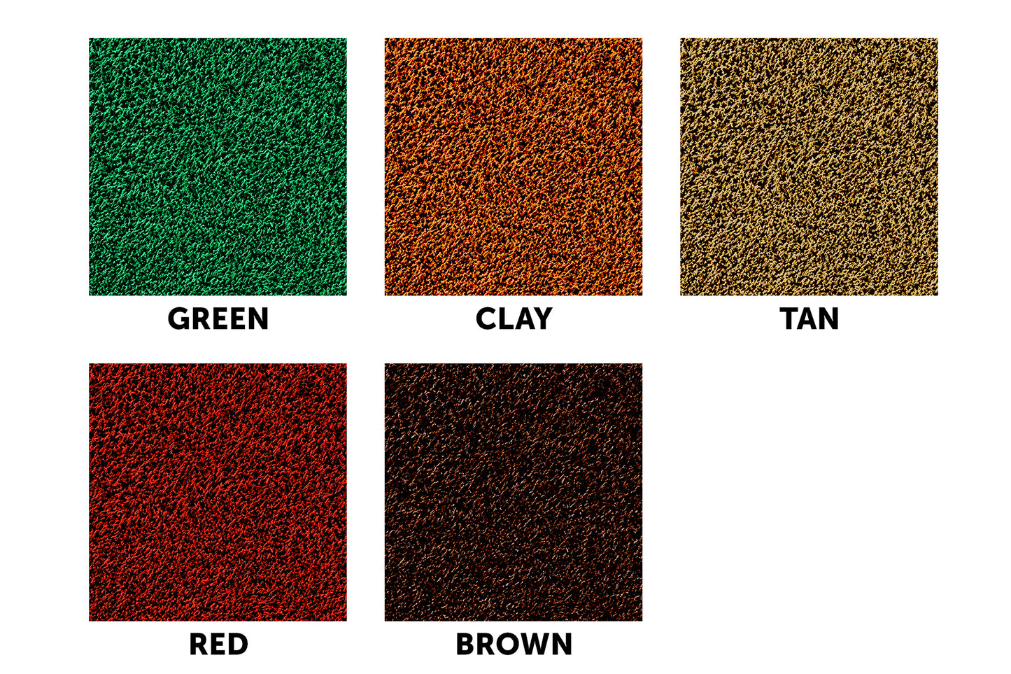 Five textured color swatches labeled: GREEN, CLAY, TAN, RED, and BROWN are arranged in two rows. Each swatch features a unique color and texture pattern from the Portolite Lacrosse Mat | Spiketek Turf Protection Mat For Practice and Drills—ideal for use as a lacrosse mat or turf protection during practice sessions.