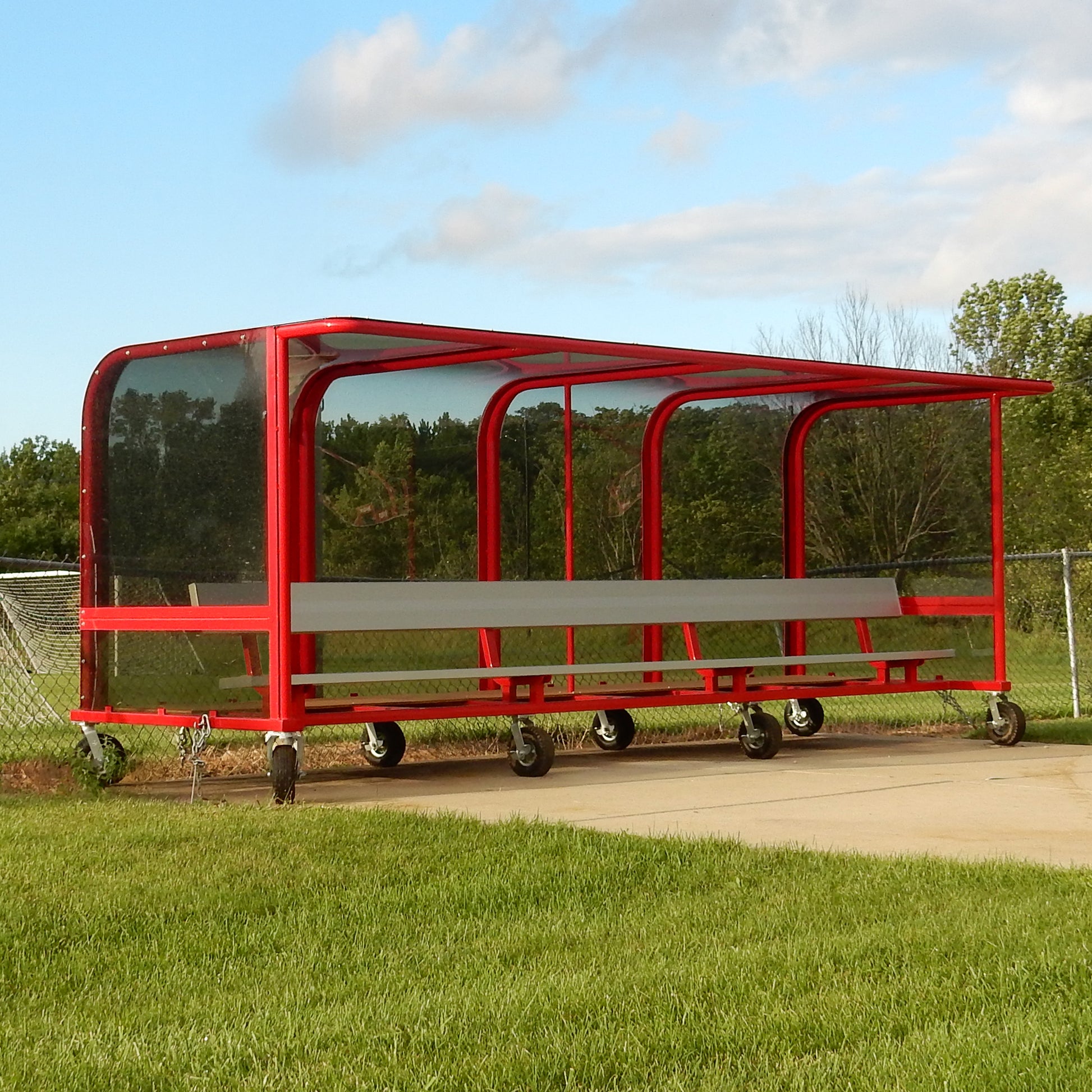 Model #PPS16. 16 foot box style soccer team shelter with aluminum bench.