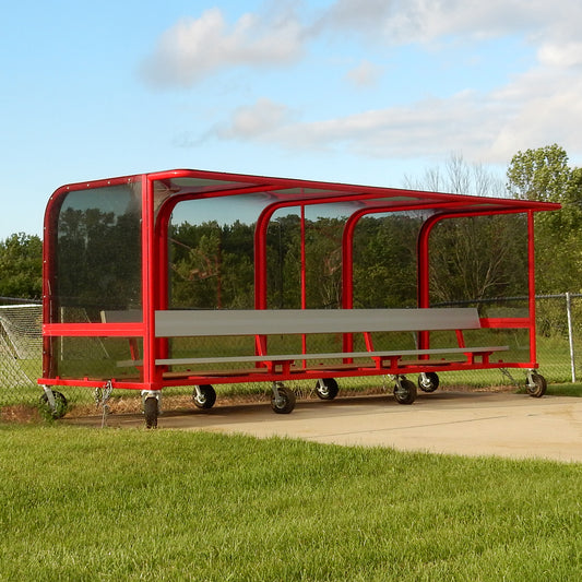 Model #PPS16. 16 foot box style soccer team shelter with aluminum bench.