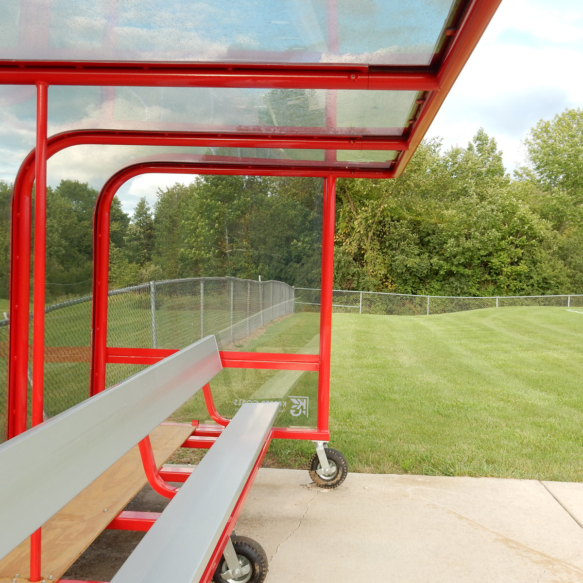 Model #PPS16. 16 foot box style soccer team shelter with aluminum bench.