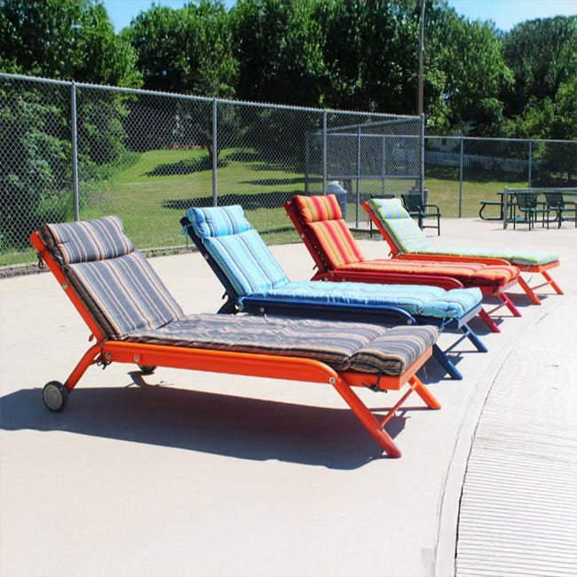 Model #PPS900101. Wheeled outdoor chaise lounges with adjustable backrests. Custom fitted cushions.