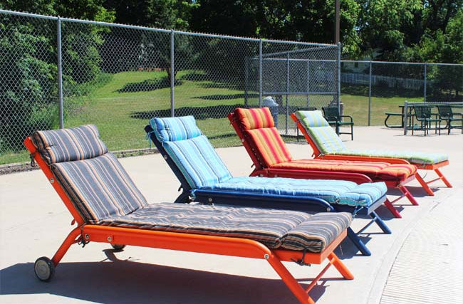 Model #PPS900101. Wheeled outdoor chaise lounges with adjustable backrests. Custom fitted cushions.
