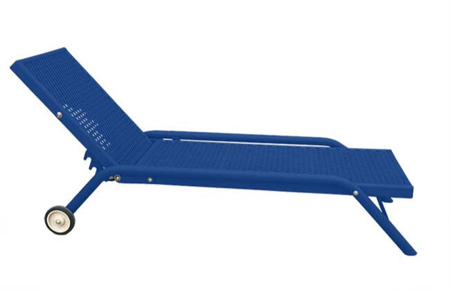 Model #PPS900101O22C. Blue wheeled outdoor chaise lounge with adjustable backrest.