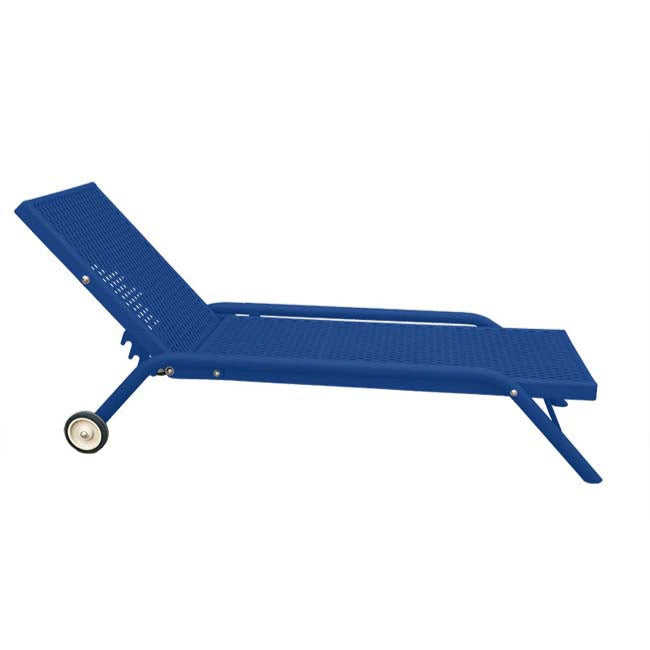 Model #PPS900101O22C. Blue wheeled outdoor chaise lounge with adjustable backrest.