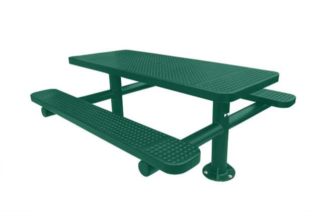 Model #PPS9243P7O33. Champion picnic table. 6 foot, hunter green, perforated steel, double pedestal, surface mount.