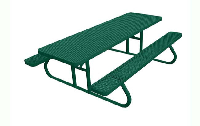 Model #PPS924501O33C. Champion picnic table. 8 foot, hunter green, expanded metal, free standing.
