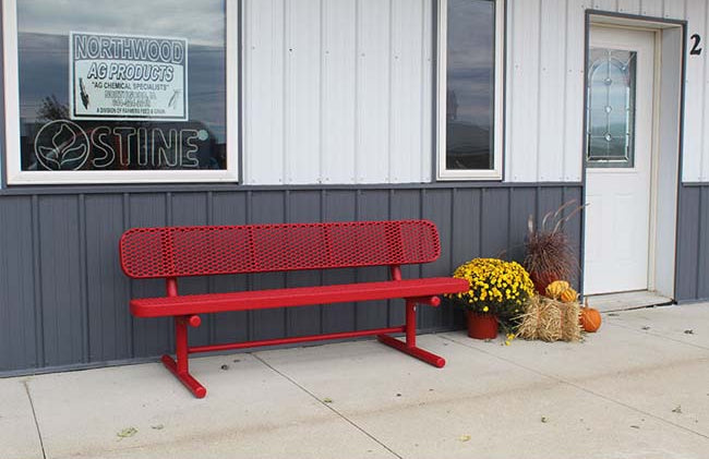 Model # PPS934301O11. Champion park bench with backrest. 6 foot, red, expanded metal, free standing.