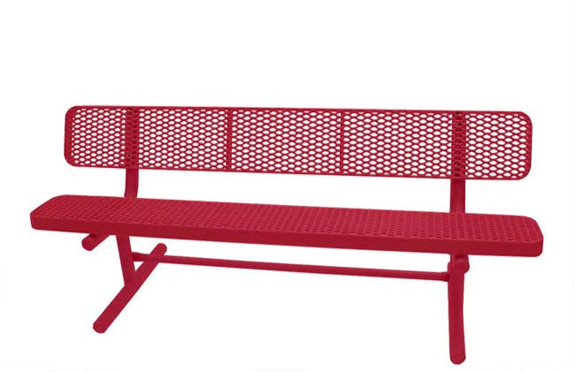 Model # PPS934301O11DD. Champion park bench with backrest. 6 foot, red, expanded metal, free standing.