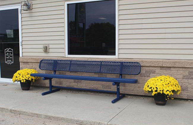 Model #PPS934501O22. Champion park bench with backrest. 8 foot, blue, expanded metal, free standing.