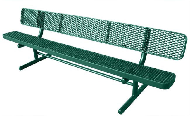 Model #PPS934501O33. Champion park bench with backrest. 8 foot, hunter green, expanded metal, free standing.