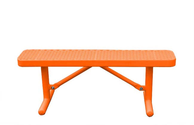 Model #PPS935101OAAC. Champion park bench without backrest. 4 foot, orange, expanded metal, free standing.