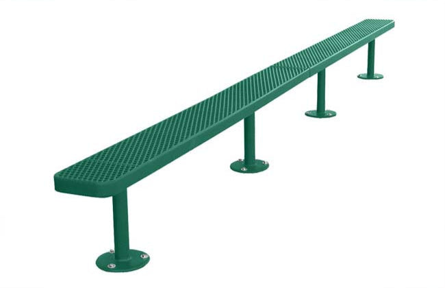 Model #PPS935707O33C. Champion park bench without backrest. 10 foot, hunter green, expanded metal, surface mount.
