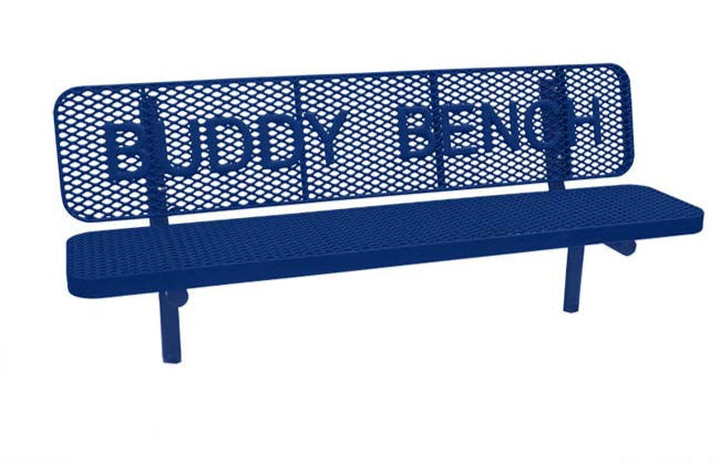 Model #PPS9363B1O22C. Champion Supreme buddy bench. 6 foot, blue, expanded metal, direct bury.