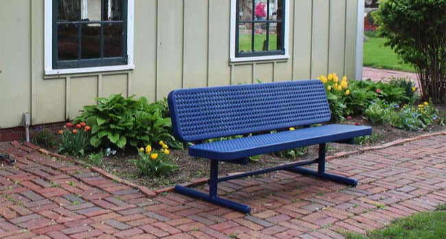 Model #PPS936P1. Champion park bench with backrest. 4 foot, blue, perforated, free standing.