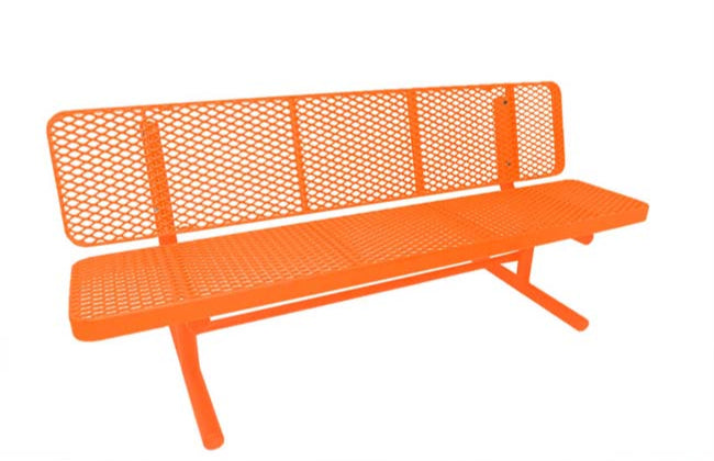 Model #PPS936501OAAC. Champion Supreme park bench with backrest. 6 foot, orange, expanded metal, free standing.