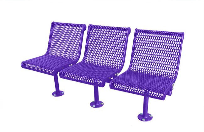 Model #PPS938307OPP. Grand Contour 3 seat inline bench. Purple, expanded metal, surface mount.