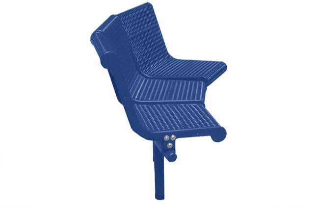 Model #PPS93845222C. Grand Contour 45 degree 3 seat park bench with backrests. Blue, perforated steel, direct bury.
