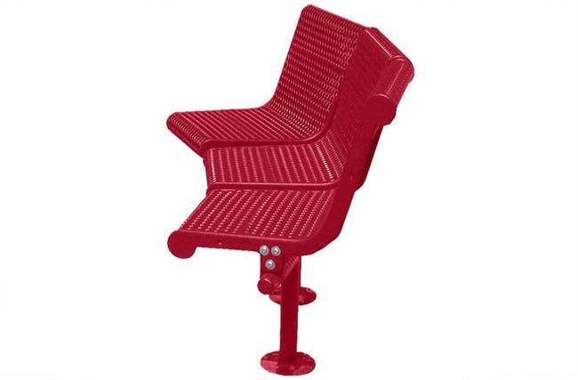 Model #PPS93845D711C. Grand Contour 45 degree 3 seat park bench with backrests. Red, perforated steel, surface mount.