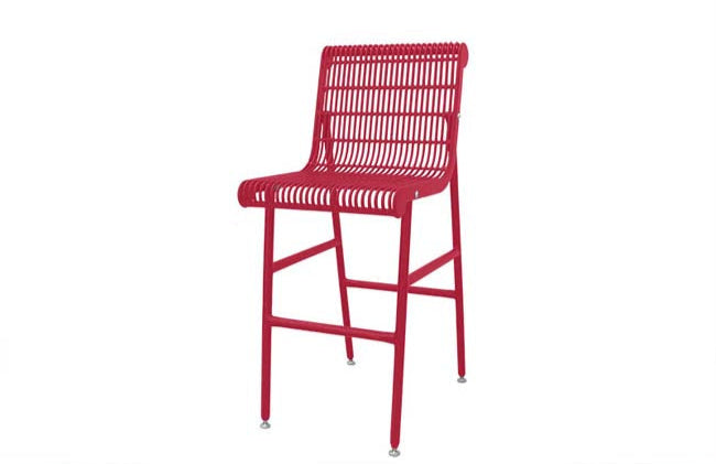 Model #PPS939B21O11D. Bar height outdoor patio chair. Red, welded rod.