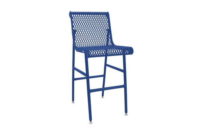 Model #PPS939B31O22C. Bar height outdoor patio chair. Blue, expanded metal.
