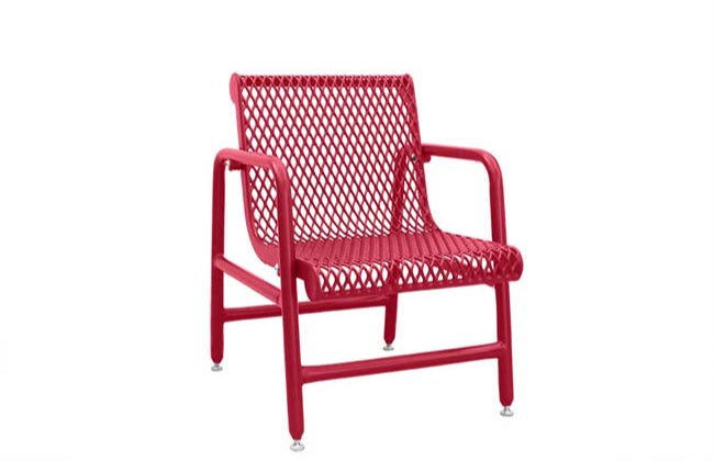 Model #PPS939D31011C. Champion outdoor patio chair. Red, expanded metal.