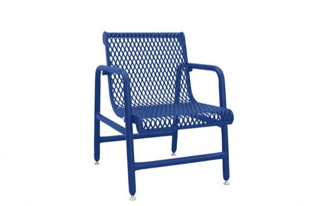 Model #PPS939D31O22C. Champion outdoor patio chair. Blue, expanded metal.