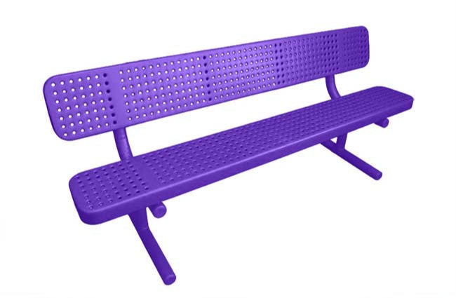 Model #PPS947301OPPD. Champion park bench with backrest. 8 foot, purple, perforated steel, free standing.