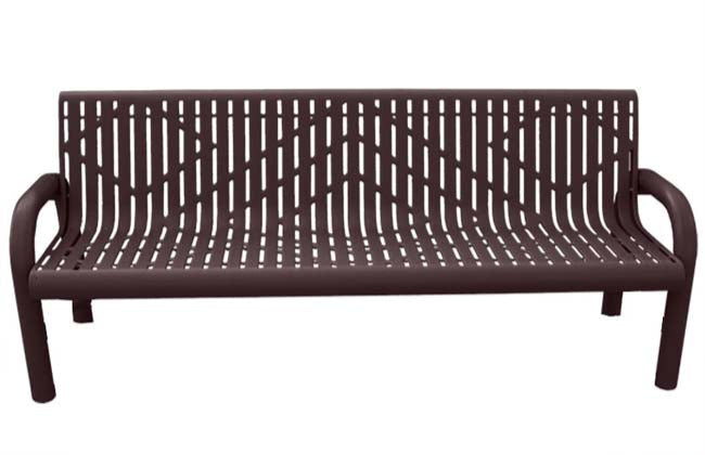 Model #PPS971302O88C. Grand Contour park bench, 6 foot, brown, laser cut, free standing.